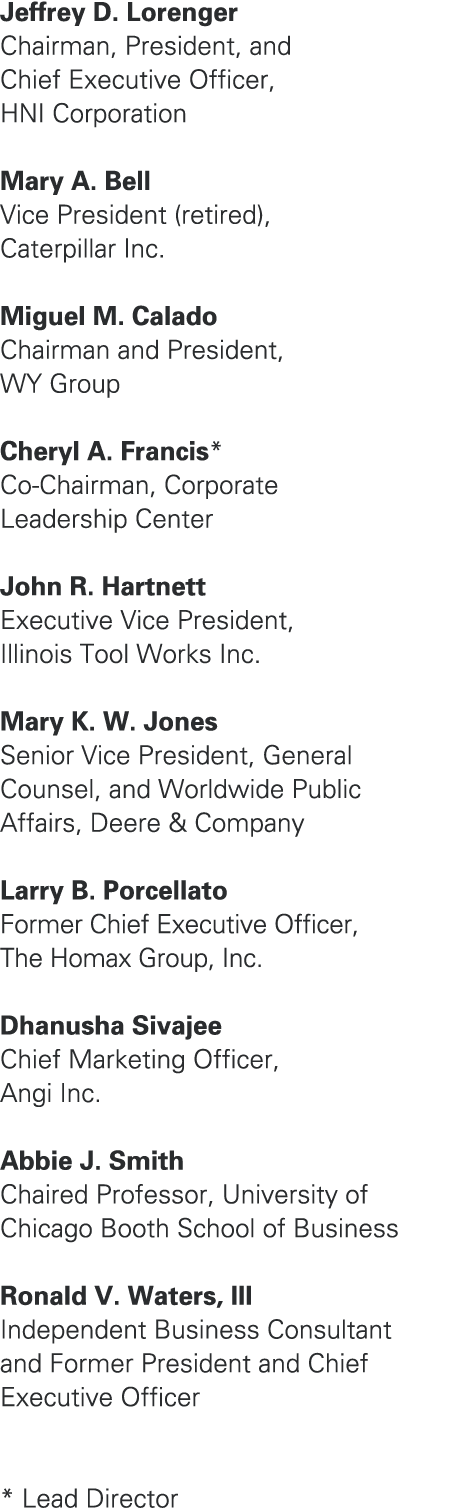 Jeffrey D. Lorenger Chairman, President, and Chief Executive Officer, HNI Corporation Mary A. Bell Vice President (re...