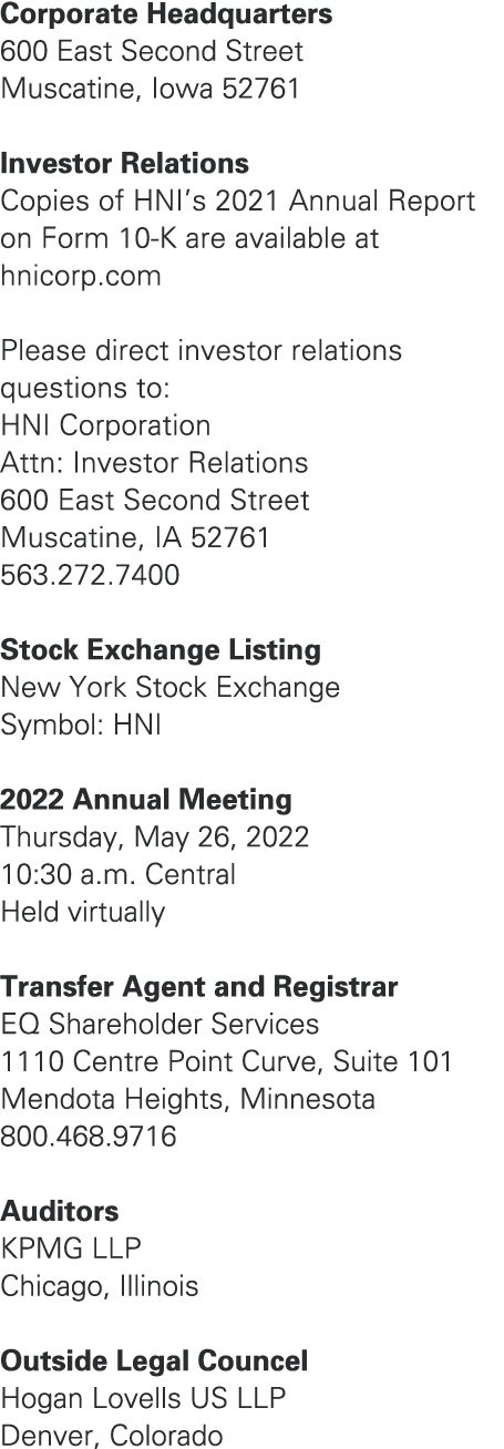 Corporate Headquarters 600 East Second Street Muscatine, Iowa 52761 Investor Relations Copies of HNI’s 2021 Annual Re...