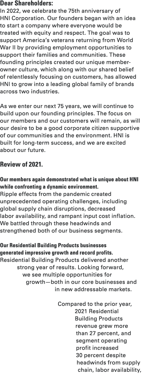 Dear Shareholders: In 2022, we celebrate the 75th anniversary of HNI Corporation. Our founders began with an idea to ...
