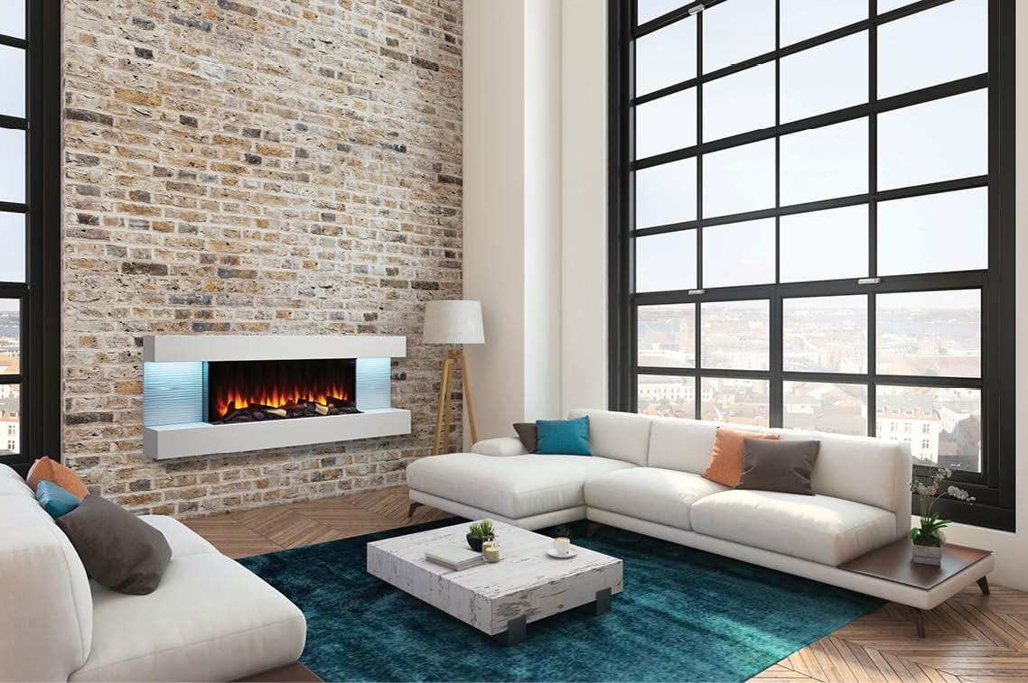 60-inch Format Floating Mantel Fireplace with orange flame, logs, light blue lights in room set