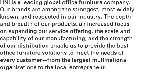 HNI is a leading global office furniture company. Our brands are among the strongest, most widely known, and respecte...