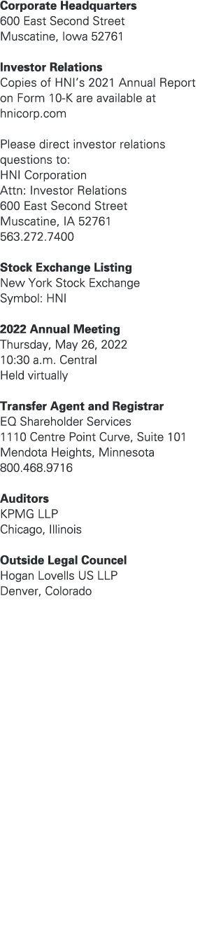 Corporate Headquarters 600 East Second Street Muscatine, Iowa 52761 Investor Relations Copies of HNI’s 2021 Annual Re...