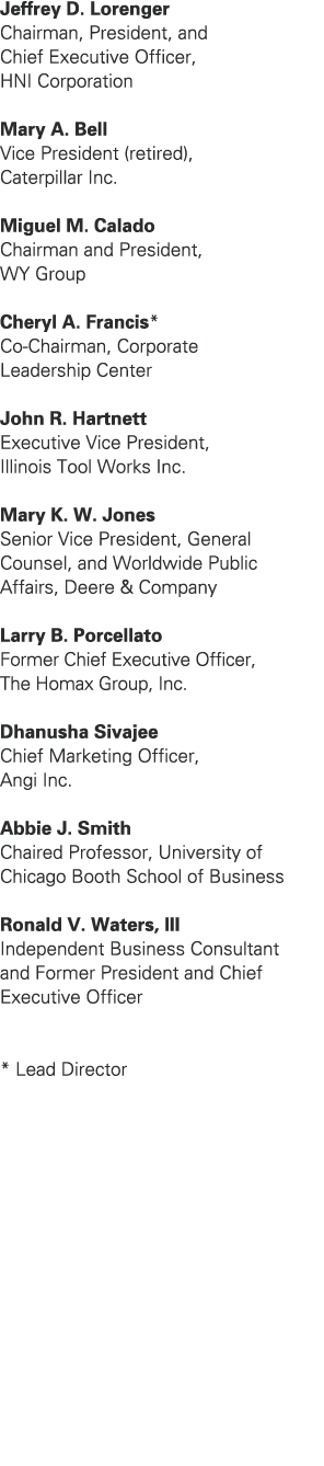 Jeffrey D. Lorenger Chairman, President, and Chief Executive Officer, HNI Corporation Mary A. Bell Vice President (re...