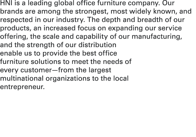 HNI is a leading global office furniture company. Our brands are among the strongest, most widely known, and respecte...