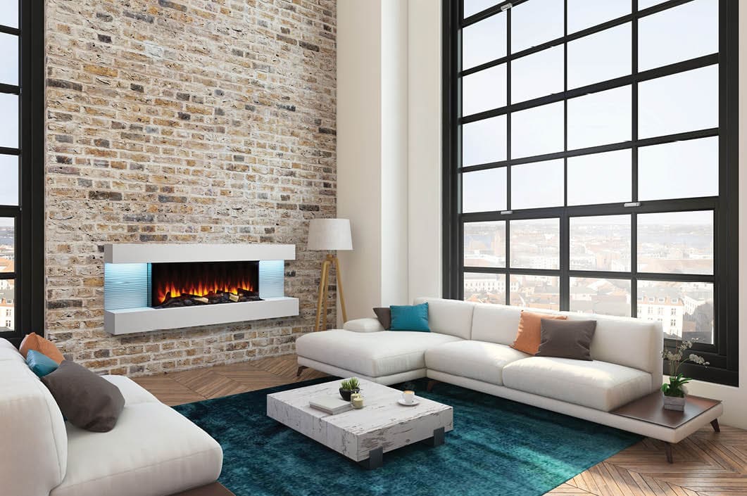 60-inch Format Floating Mantel Fireplace with orange flame, logs, light blue lights in room set